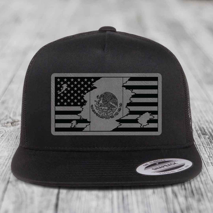 American Mexican Flag - Leather Patch Hat - Grey to Black Patch - Yupoong 6006 Snapback Flatbill Hat