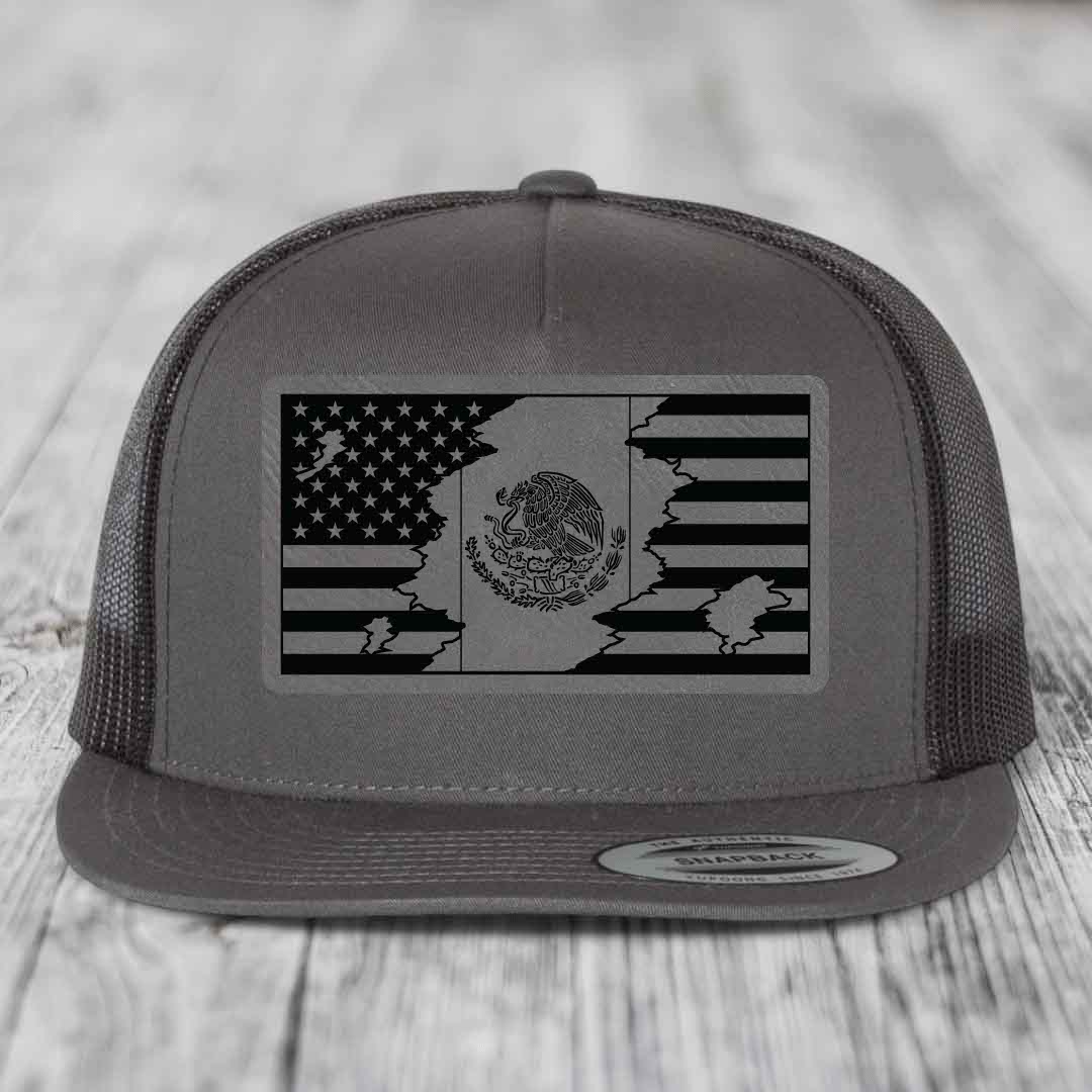American Mexican Flag - Leather Patch Hat - Grey to Black Patch - Yupoong 6006 Snapback Flatbill Hat