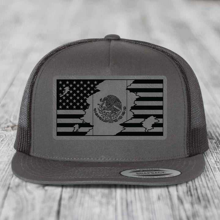 American Mexican Flag - Leather Patch Hat - Grey to Black Patch - Yupoong 6006 Snapback Flatbill Hat