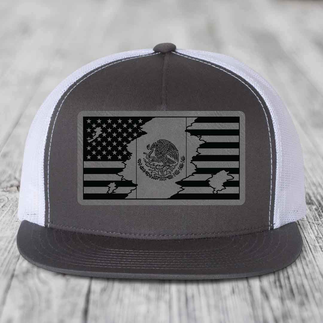 American Mexican Flag - Leather Patch Hat - Grey to Black Patch - Yupoong 6006 Snapback Flatbill Hat