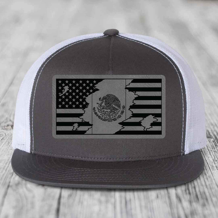 American Mexican Flag - Leather Patch Hat - Grey to Black Patch - Yupoong 6006 Snapback Flatbill Hat