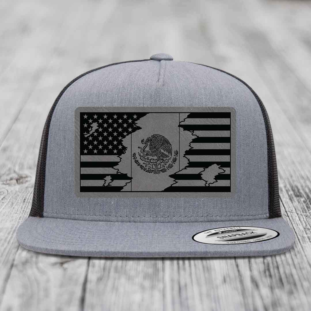 American Mexican Flag - Leather Patch Hat - Grey to Black Patch - Yupoong 6006 Snapback Flatbill Hat
