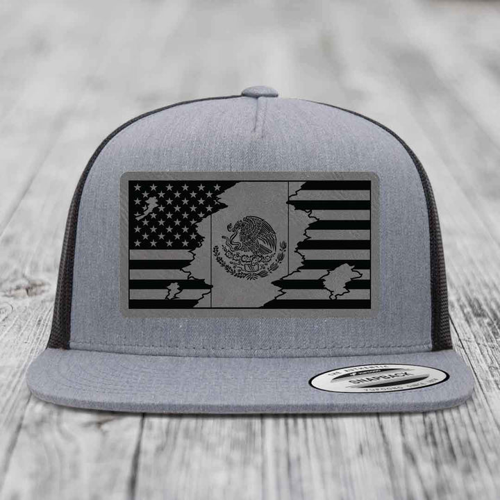 American Mexican Flag - Leather Patch Hat - Grey to Black Patch - Yupoong 6006 Snapback Flatbill Hat