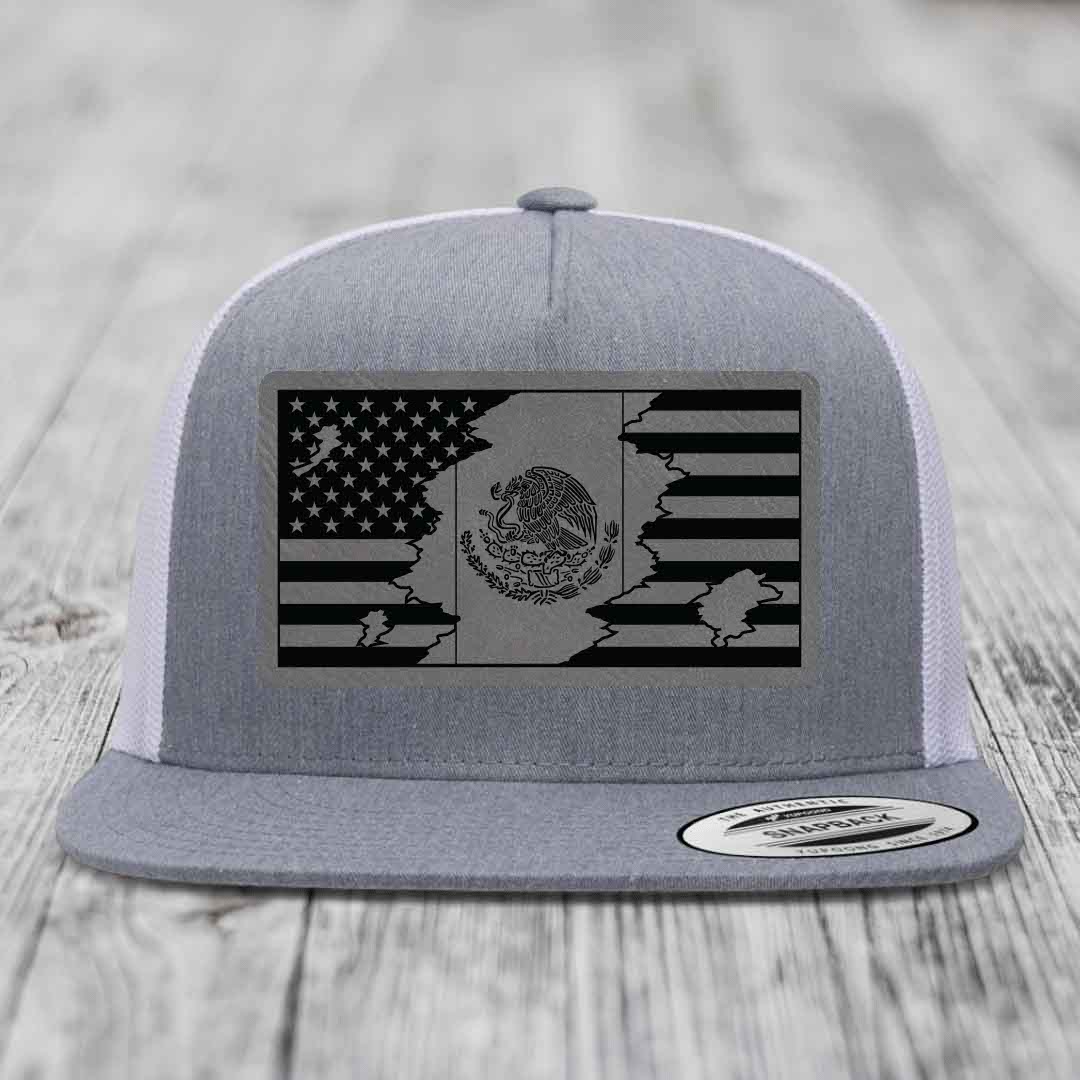 American Mexican Flag - Leather Patch Hat - Grey to Black Patch - Yupoong 6006 Snapback Flatbill Hat