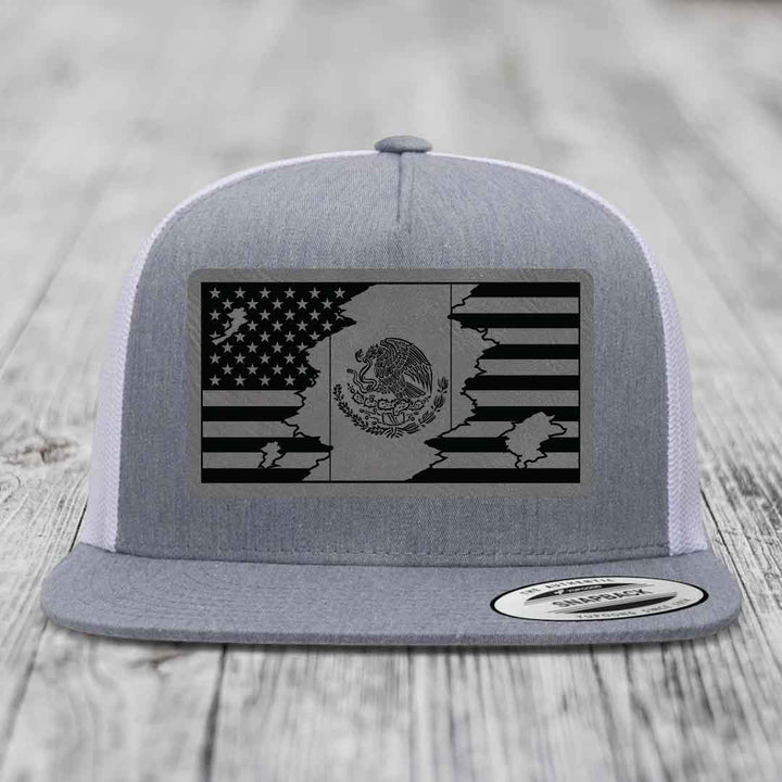 American Mexican Flag - Leather Patch Hat - Grey to Black Patch - Yupoong 6006 Snapback Flatbill Hat