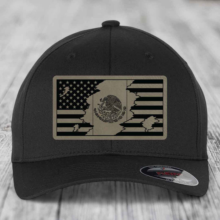 American Mexican Flag - Leather Patch Hat - Light Brown to Black Patch - Flexfit 6277 Fitted Hat