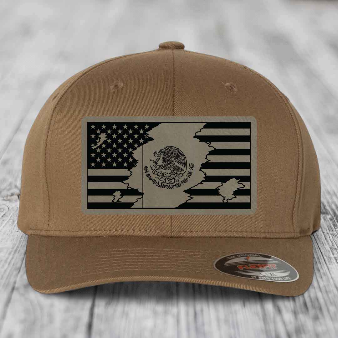 American Mexican Flag - Leather Patch Hat - Light Brown to Black Patch - Flexfit 6277 Fitted Hat