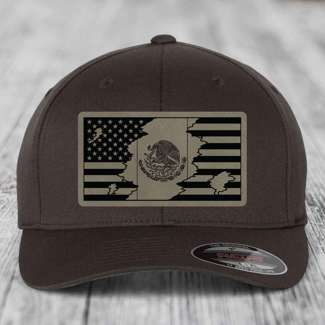 American Mexican Flag - Leather Patch Hat - Light Brown to Black Patch - Flexfit 6277 Fitted Hat