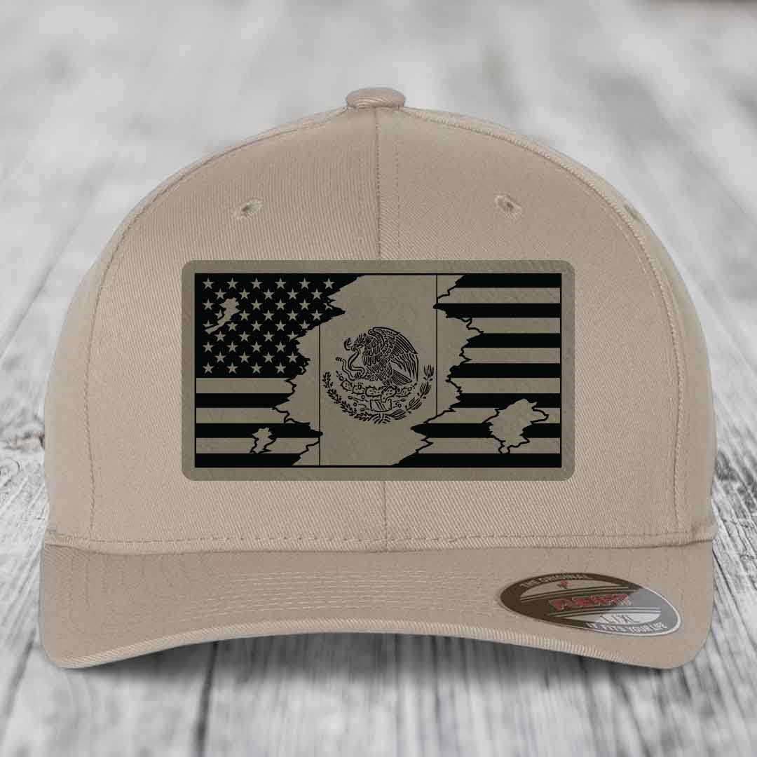 American Mexican Flag - Leather Patch Hat - Light Brown to Black Patch - Flexfit 6277 Fitted Hat