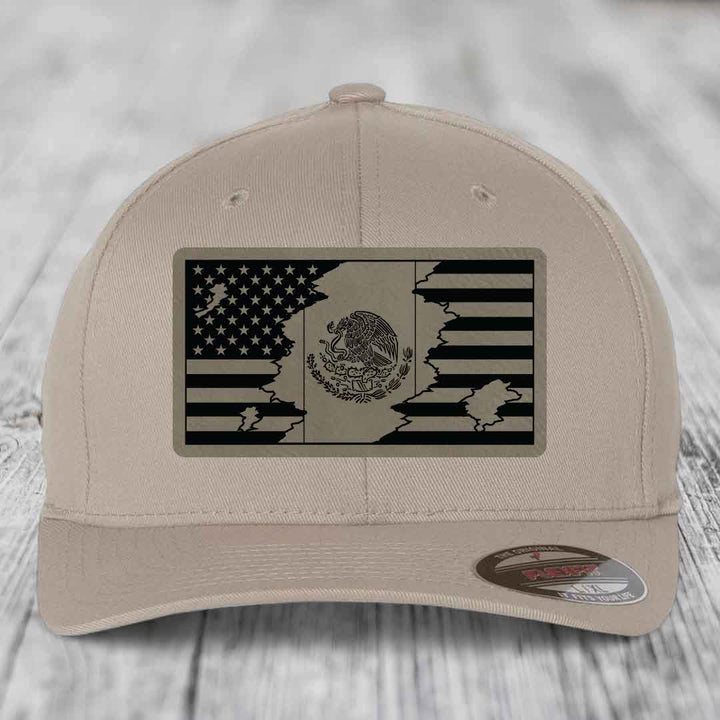 American Mexican Flag - Leather Patch Hat - Light Brown to Black Patch - Flexfit 6277 Fitted Hat