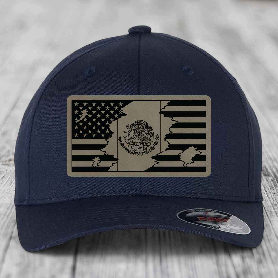 American Mexican Flag - Leather Patch Hat - Light Brown to Black Patch - Flexfit 6277 Fitted Hat