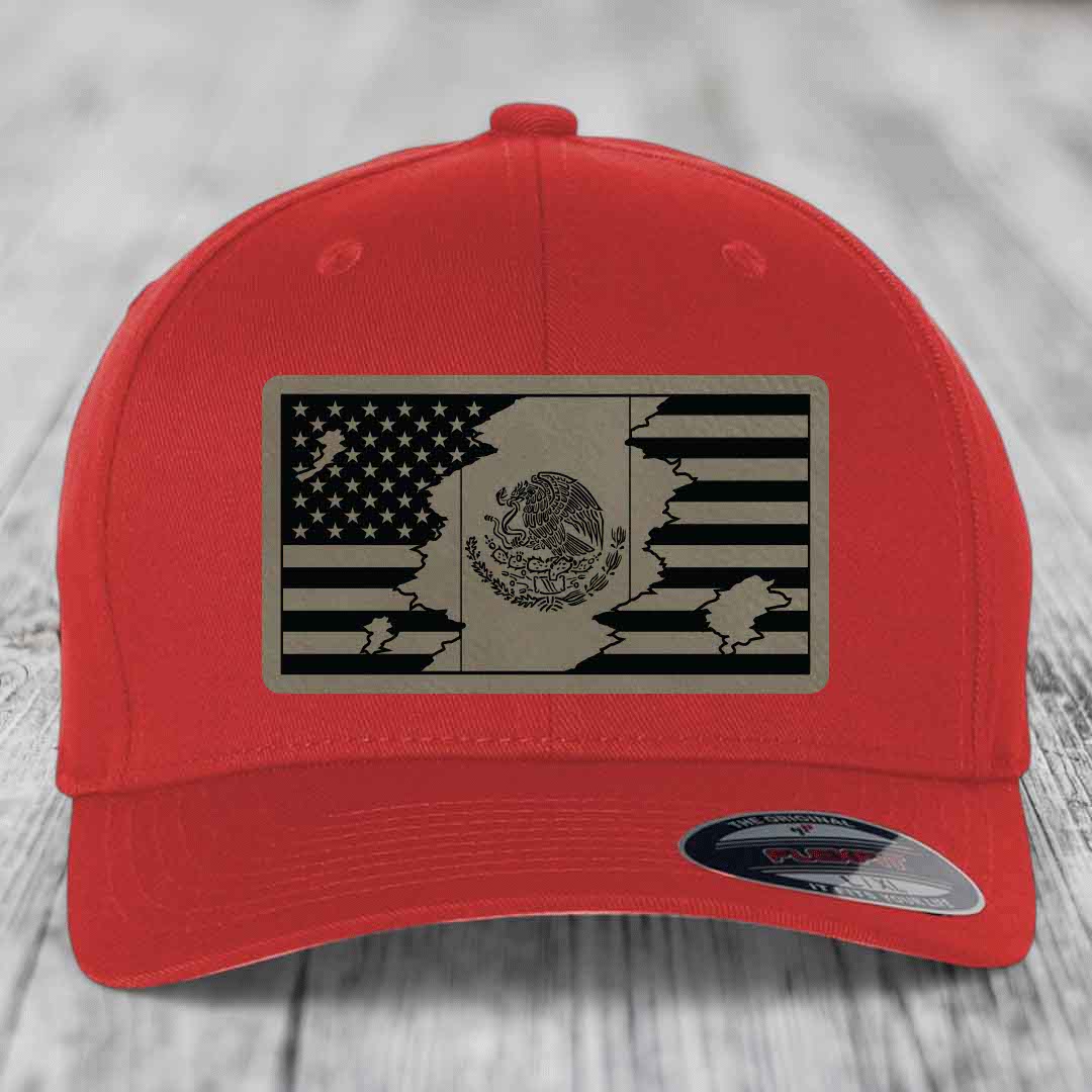 American Mexican Flag - Leather Patch Hat - Light Brown to Black Patch - Flexfit 6277 Fitted Hat