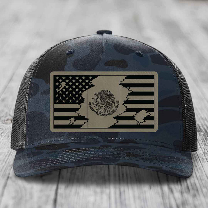 American Mexican Flag - Leather Patch Hat - Light Brown to Black Patch - Richardson 112PFP Snapback Trucker Hat