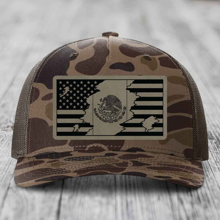 American Mexican Flag - Leather Patch Hat - Light Brown to Black Patch - Richardson 112PFP Snapback Trucker Hat