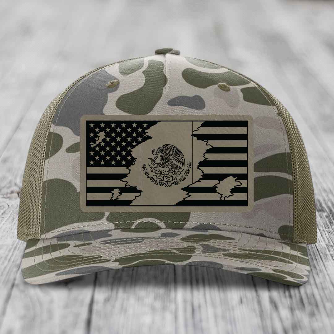 American Mexican Flag - Leather Patch Hat - Light Brown to Black Patch - Richardson 112PFP Snapback Trucker Hat