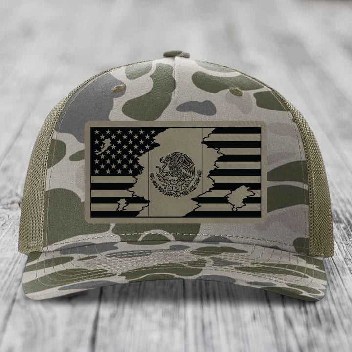 American Mexican Flag - Leather Patch Hat - Light Brown to Black Patch - Richardson 112PFP Snapback Trucker Hat