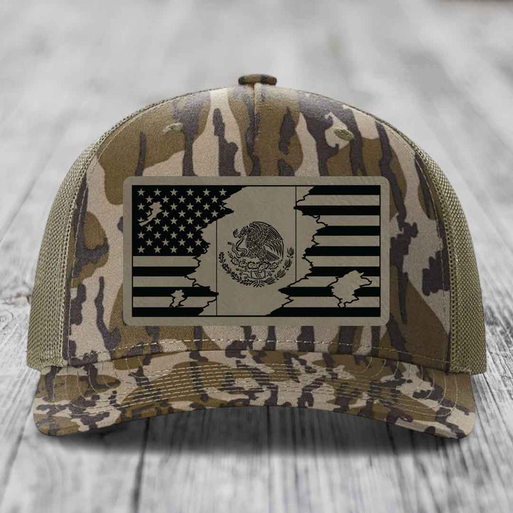 American Mexican Flag - Leather Patch Hat - Light Brown to Black Patch - Richardson 112PFP Snapback Trucker Hat