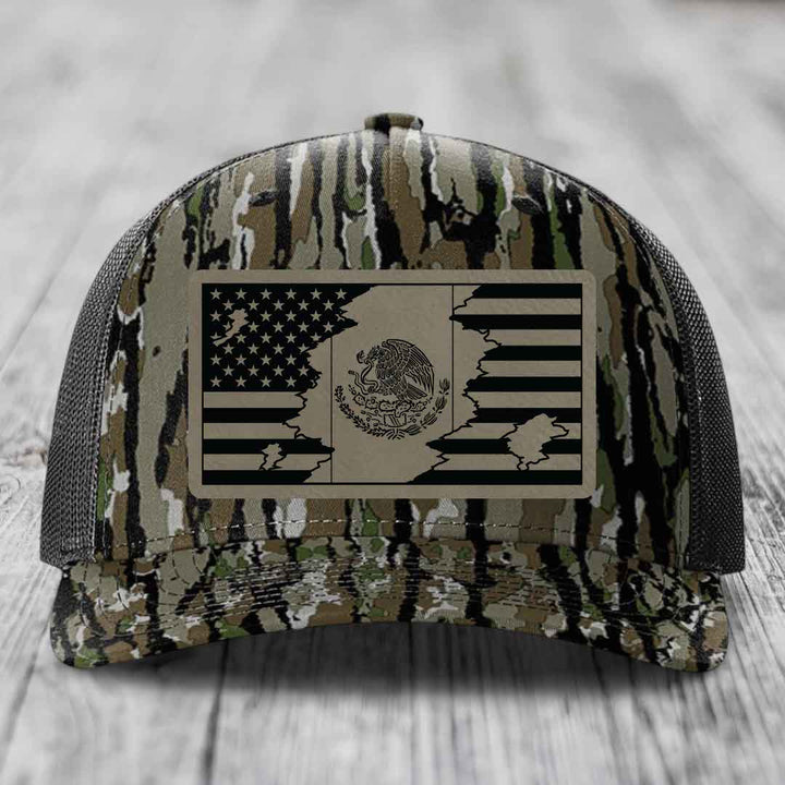 American Mexican Flag - Leather Patch Hat - Light Brown to Black Patch - Richardson 112PFP Snapback Trucker Hat