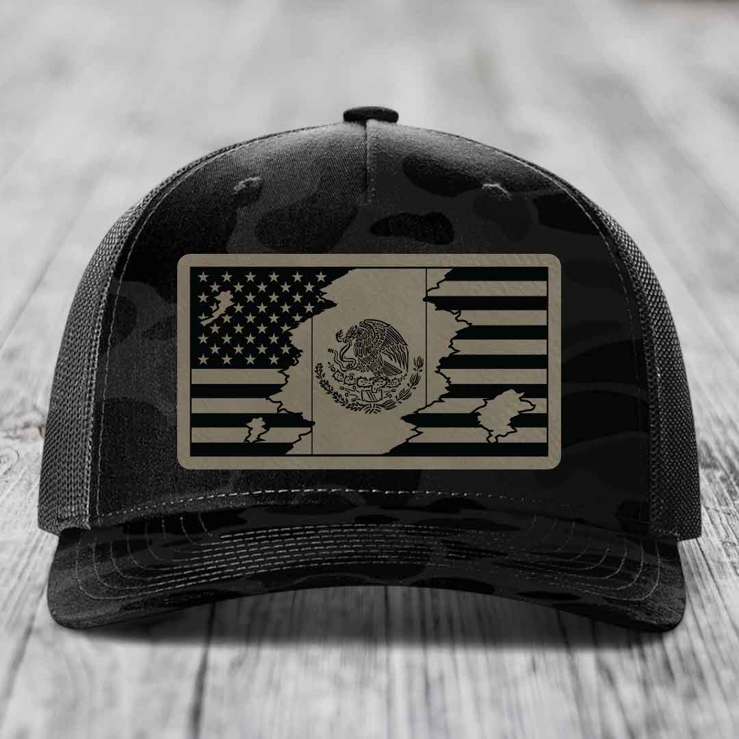 American Mexican Flag - Leather Patch Hat - Light Brown to Black Patch - Richardson 112PFP Snapback Trucker Hat