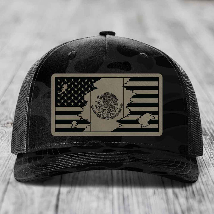 American Mexican Flag - Leather Patch Hat - Light Brown to Black Patch - Richardson 112PFP Snapback Trucker Hat