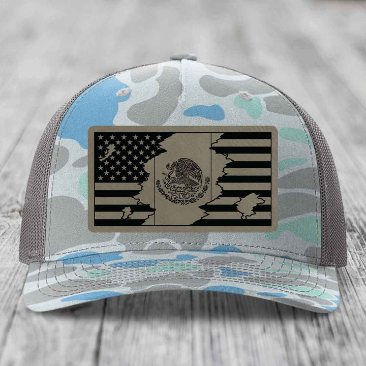 American Mexican Flag - Leather Patch Hat - Light Brown to Black Patch - Richardson 112PFP Snapback Trucker Hat