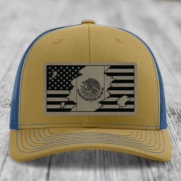 American Mexican Flag - Leather Patch Hat - Light Brown to Black Patch - Richardson 112 Snapback Trucker Hat