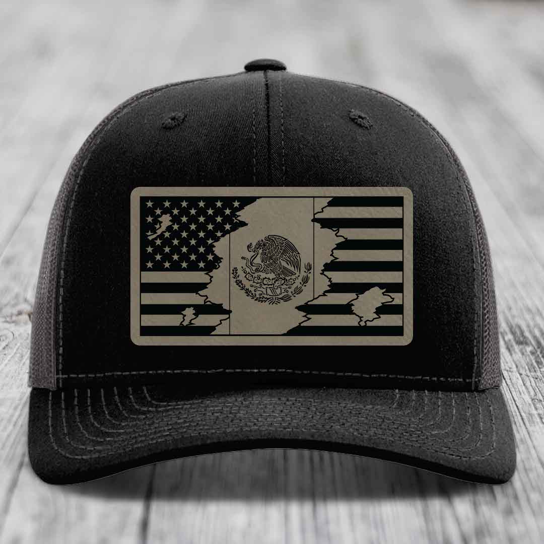 American Mexican Flag - Leather Patch Hat - Light Brown to Black Patch - Richardson 112 Snapback Trucker Hat