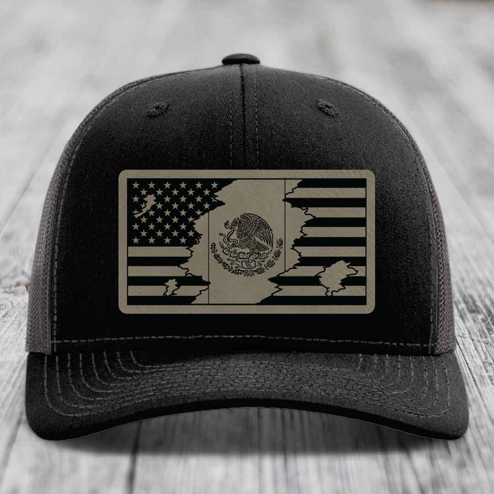 American Mexican Flag - Leather Patch Hat - Light Brown to Black Patch - Richardson 112 Snapback Trucker Hat