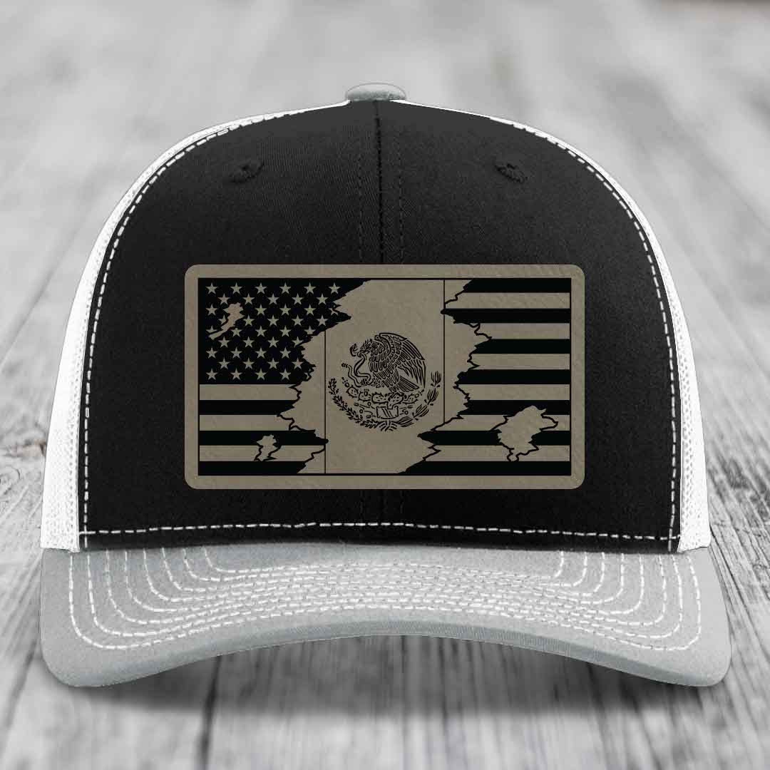 American Mexican Flag - Leather Patch Hat - Light Brown to Black Patch - Richardson 112 Snapback Trucker Hat