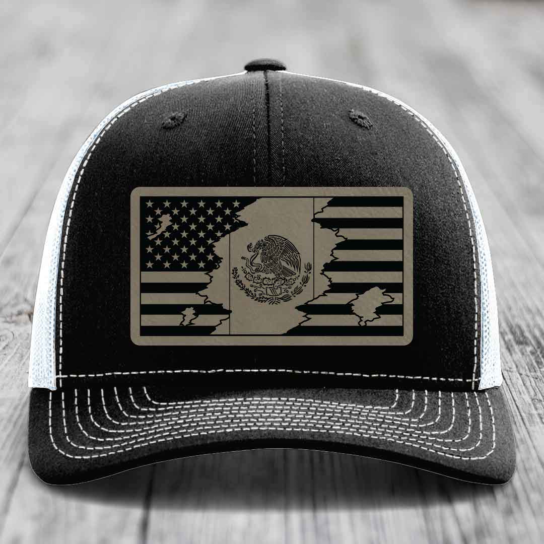 American Mexican Flag - Leather Patch Hat - Light Brown to Black Patch - Richardson 112 Snapback Trucker Hat