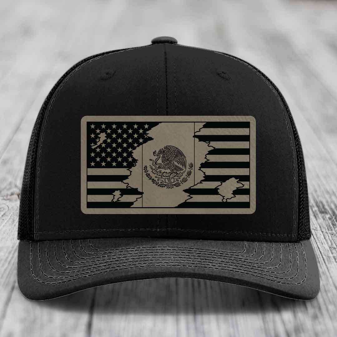 American Mexican Flag - Leather Patch Hat - Light Brown to Black Patch - Richardson 112 Snapback Trucker Hat