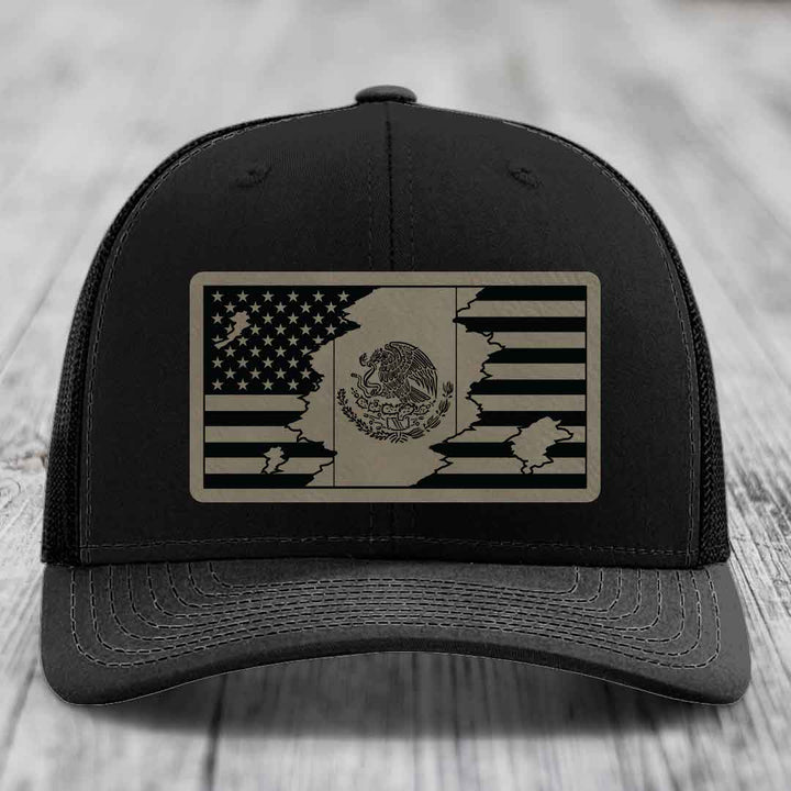 American Mexican Flag - Leather Patch Hat - Light Brown to Black Patch - Richardson 112 Snapback Trucker Hat
