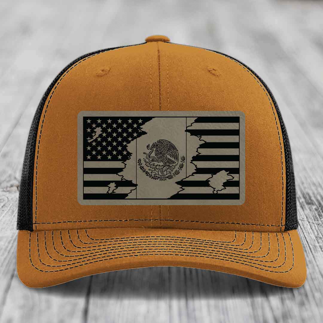 American Mexican Flag - Leather Patch Hat - Light Brown to Black Patch - Richardson 112 Snapback Trucker Hat