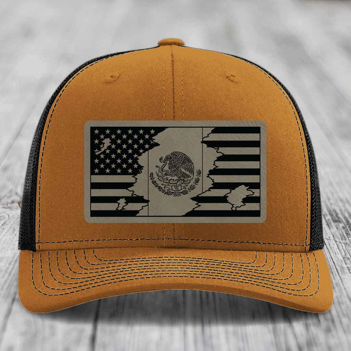 American Mexican Flag - Leather Patch Hat - Light Brown to Black Patch - Richardson 112 Snapback Trucker Hat
