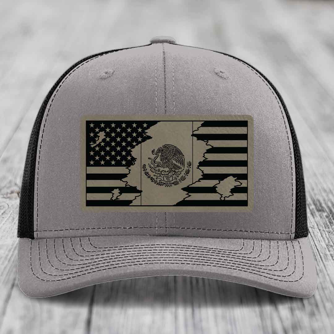 American Mexican Flag - Leather Patch Hat - Light Brown to Black Patch - Richardson 112 Snapback Trucker Hat