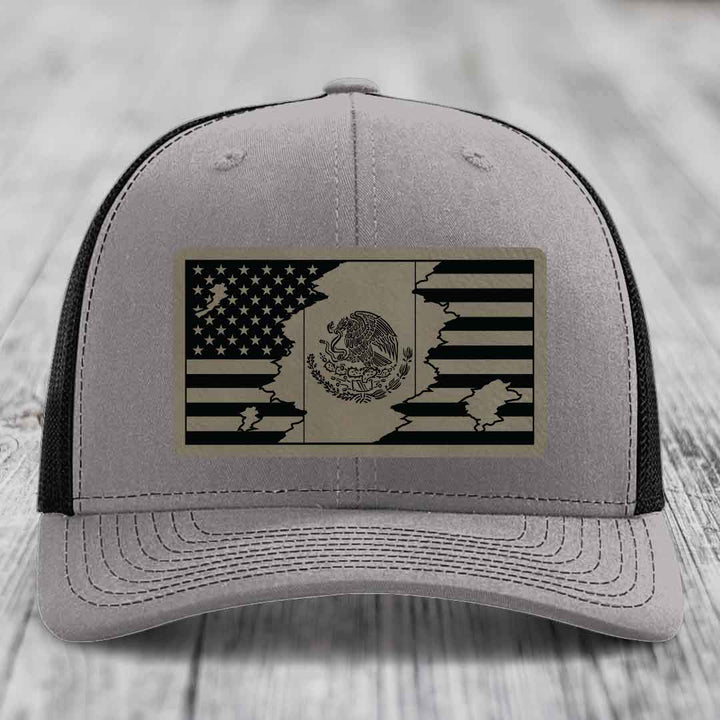 American Mexican Flag - Leather Patch Hat - Light Brown to Black Patch - Richardson 112 Snapback Trucker Hat