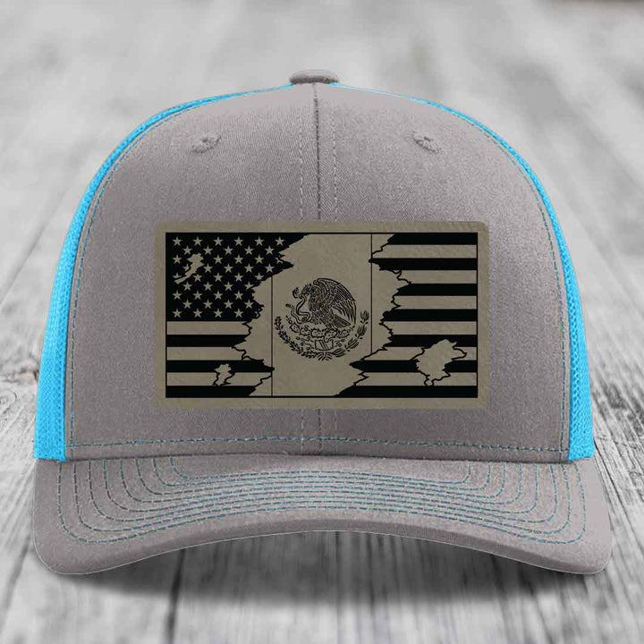 American Mexican Flag - Leather Patch Hat - Light Brown to Black Patch - Richardson 112 Snapback Trucker Hat