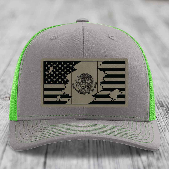 American Mexican Flag - Leather Patch Hat - Light Brown to Black Patch - Richardson 112 Snapback Trucker Hat