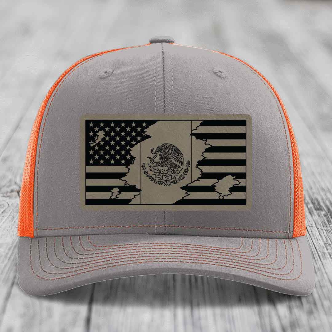 American Mexican Flag - Leather Patch Hat - Light Brown to Black Patch - Richardson 112 Snapback Trucker Hat