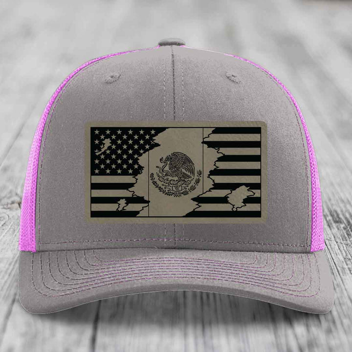 American Mexican Flag - Leather Patch Hat - Light Brown to Black Patch - Richardson 112 Snapback Trucker Hat