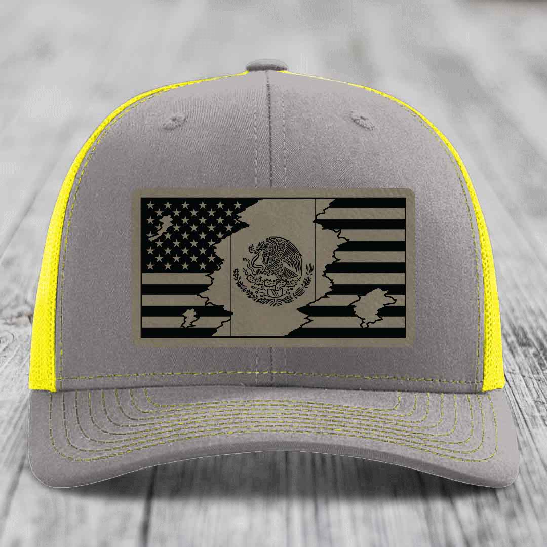 American Mexican Flag - Leather Patch Hat - Light Brown to Black Patch - Richardson 112 Snapback Trucker Hat