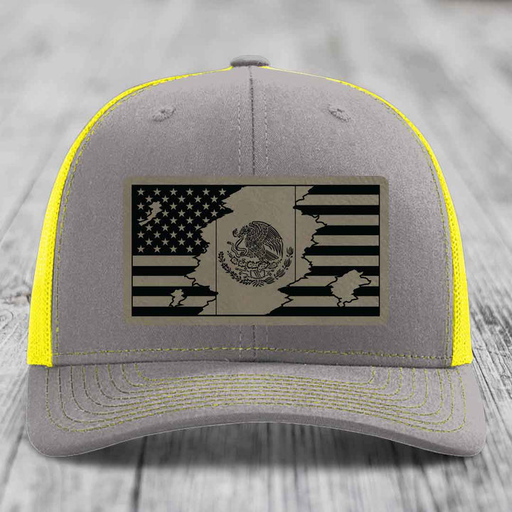 American Mexican Flag - Leather Patch Hat - Light Brown to Black Patch - Richardson 112 Snapback Trucker Hat