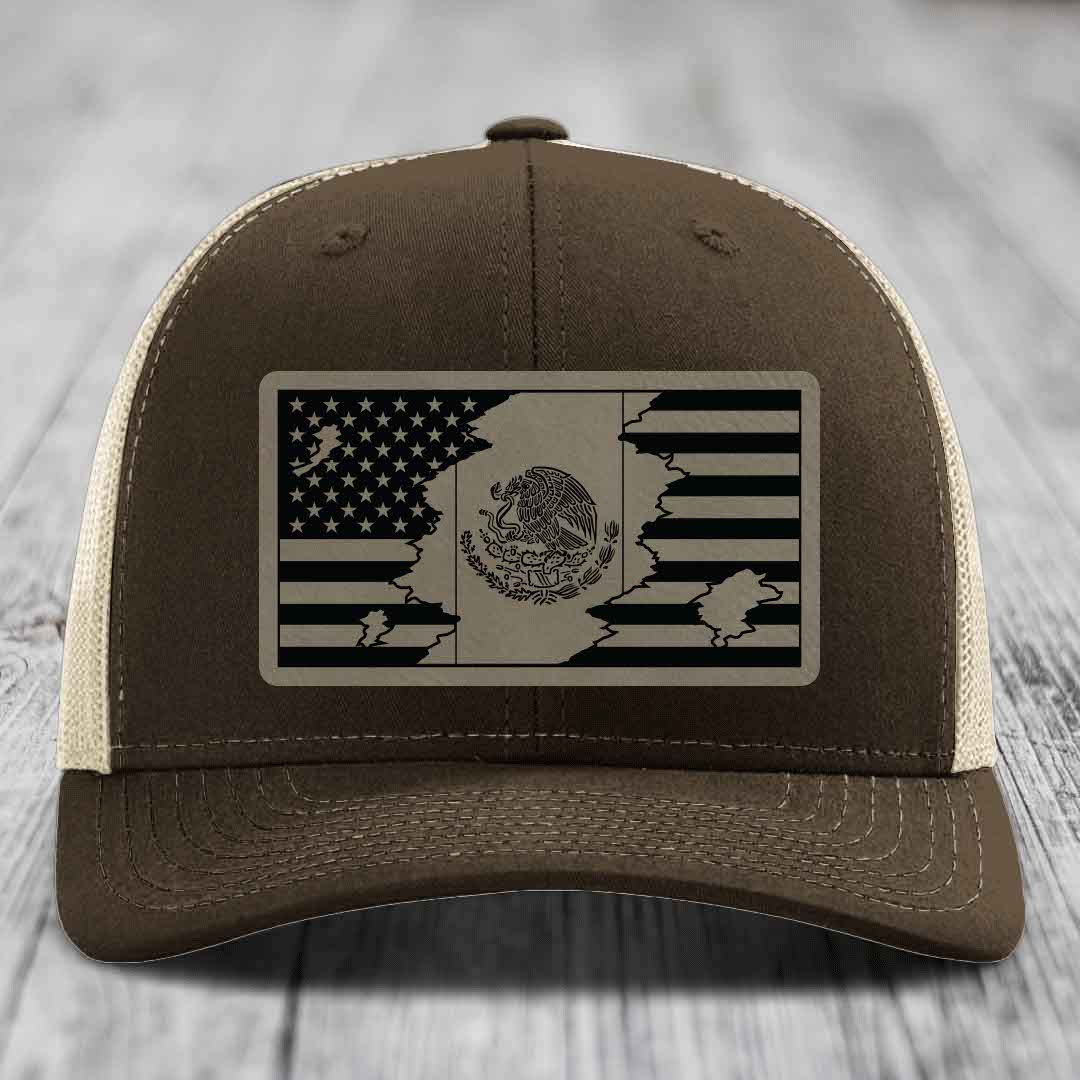 Brown trucker hat with a black and beige American-Mexican flag patch on the front.
