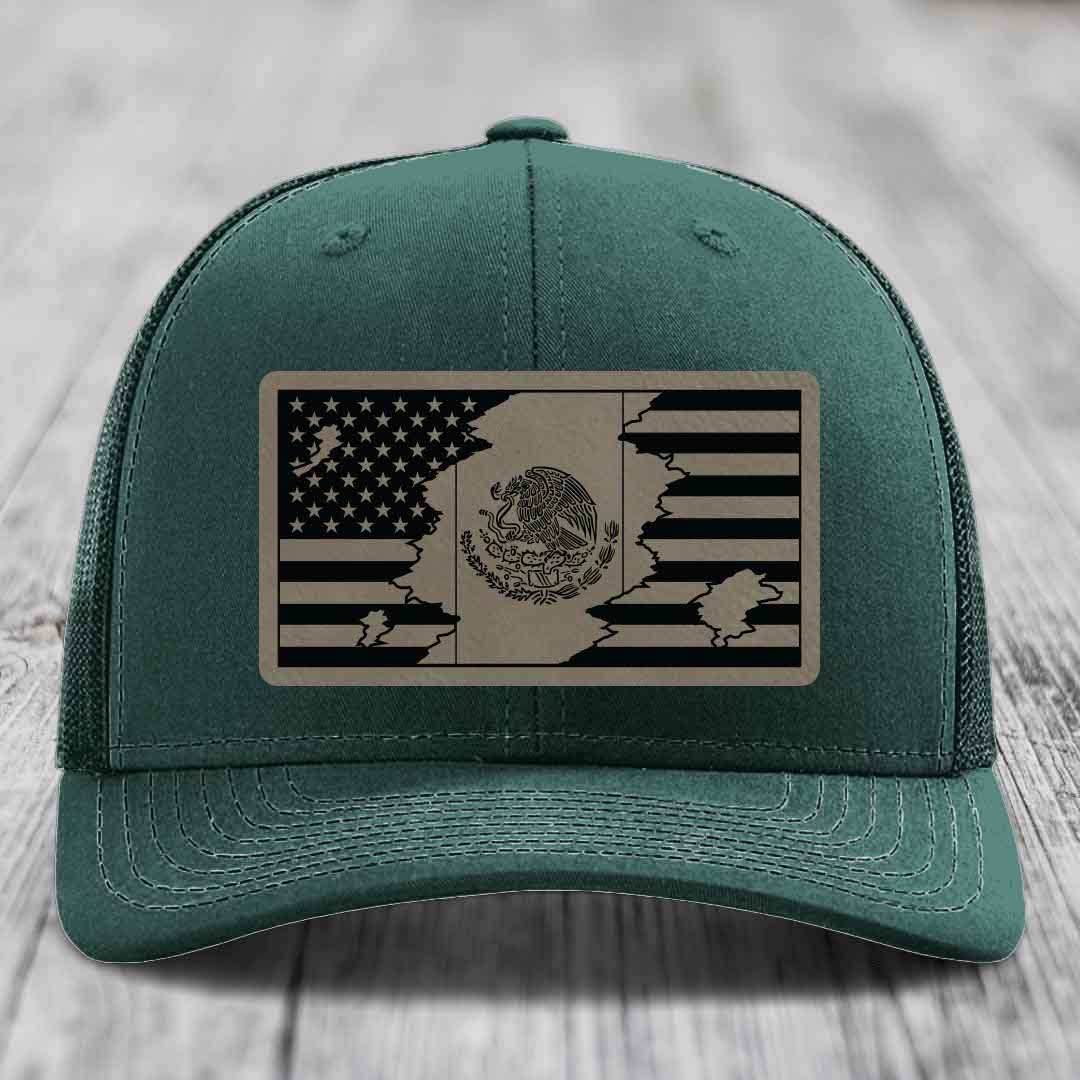 American Mexican Flag - Leather Patch Hat - Light Brown to Black Patch - Richardson 112 Snapback Trucker Hat
