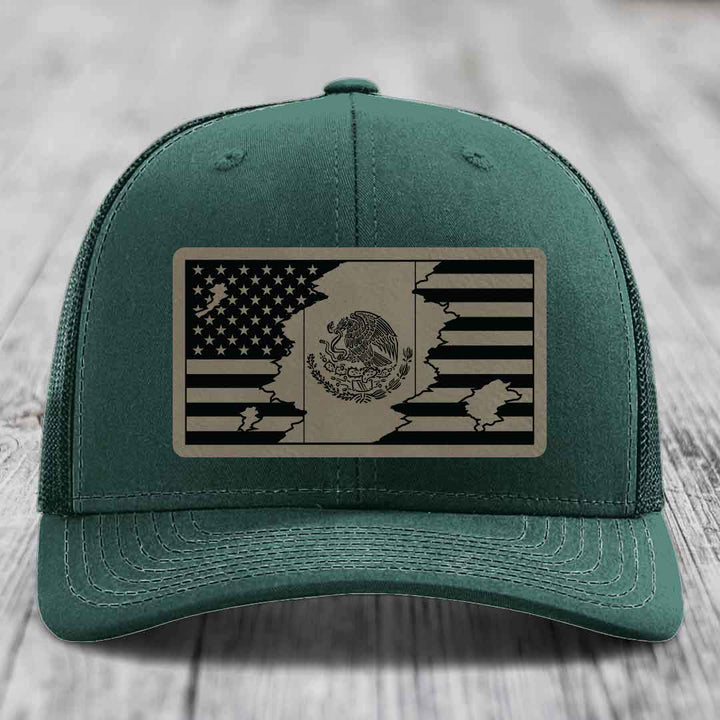 American Mexican Flag - Leather Patch Hat - Light Brown to Black Patch - Richardson 112 Snapback Trucker Hat
