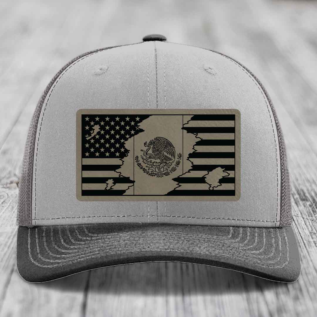 American Mexican Flag - Leather Patch Hat - Light Brown to Black Patch - Richardson 112 Snapback Trucker Hat