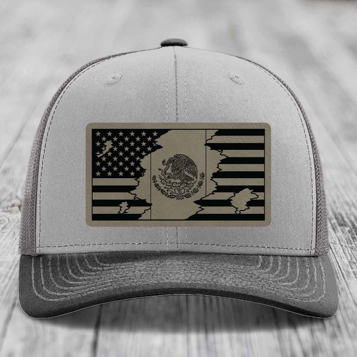American Mexican Flag - Leather Patch Hat - Light Brown to Black Patch - Richardson 112 Snapback Trucker Hat
