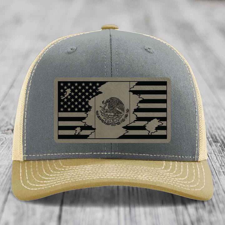 American Mexican Flag - Leather Patch Hat - Light Brown to Black Patch - Richardson 112 Snapback Trucker Hat