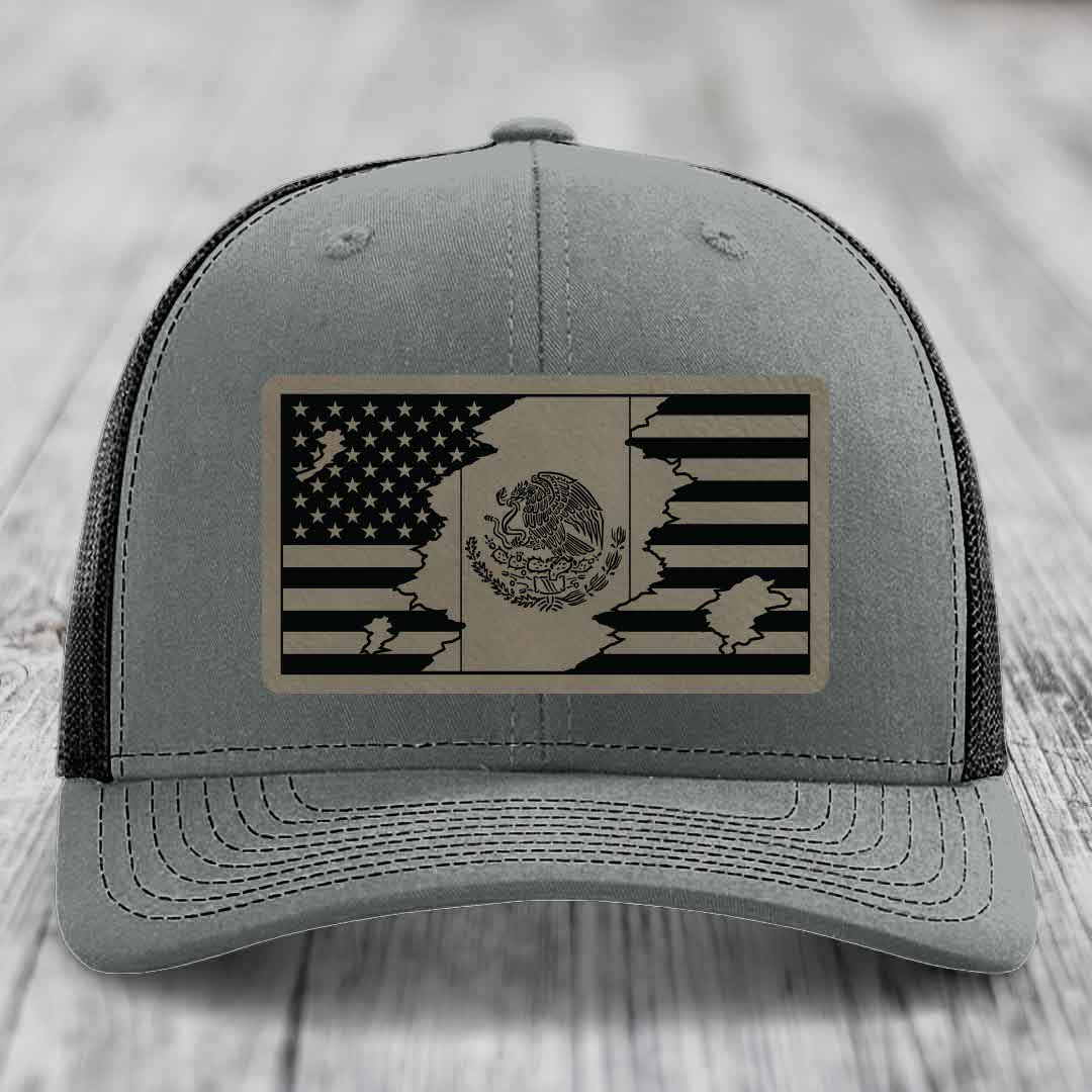 American Mexican Flag - Leather Patch Hat - Light Brown to Black Patch - Richardson 112 Snapback Trucker Hat