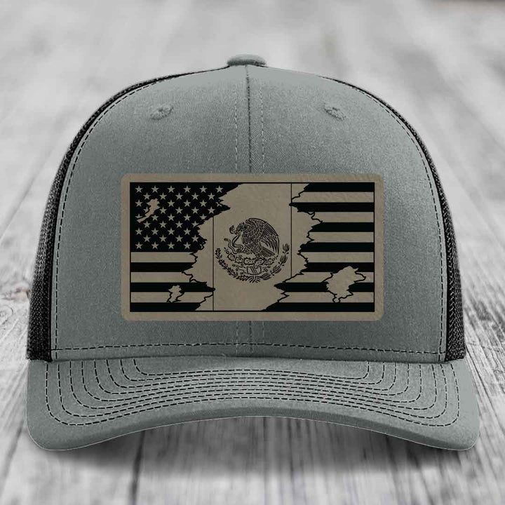 American Mexican Flag - Leather Patch Hat - Light Brown to Black Patch - Richardson 112 Snapback Trucker Hat
